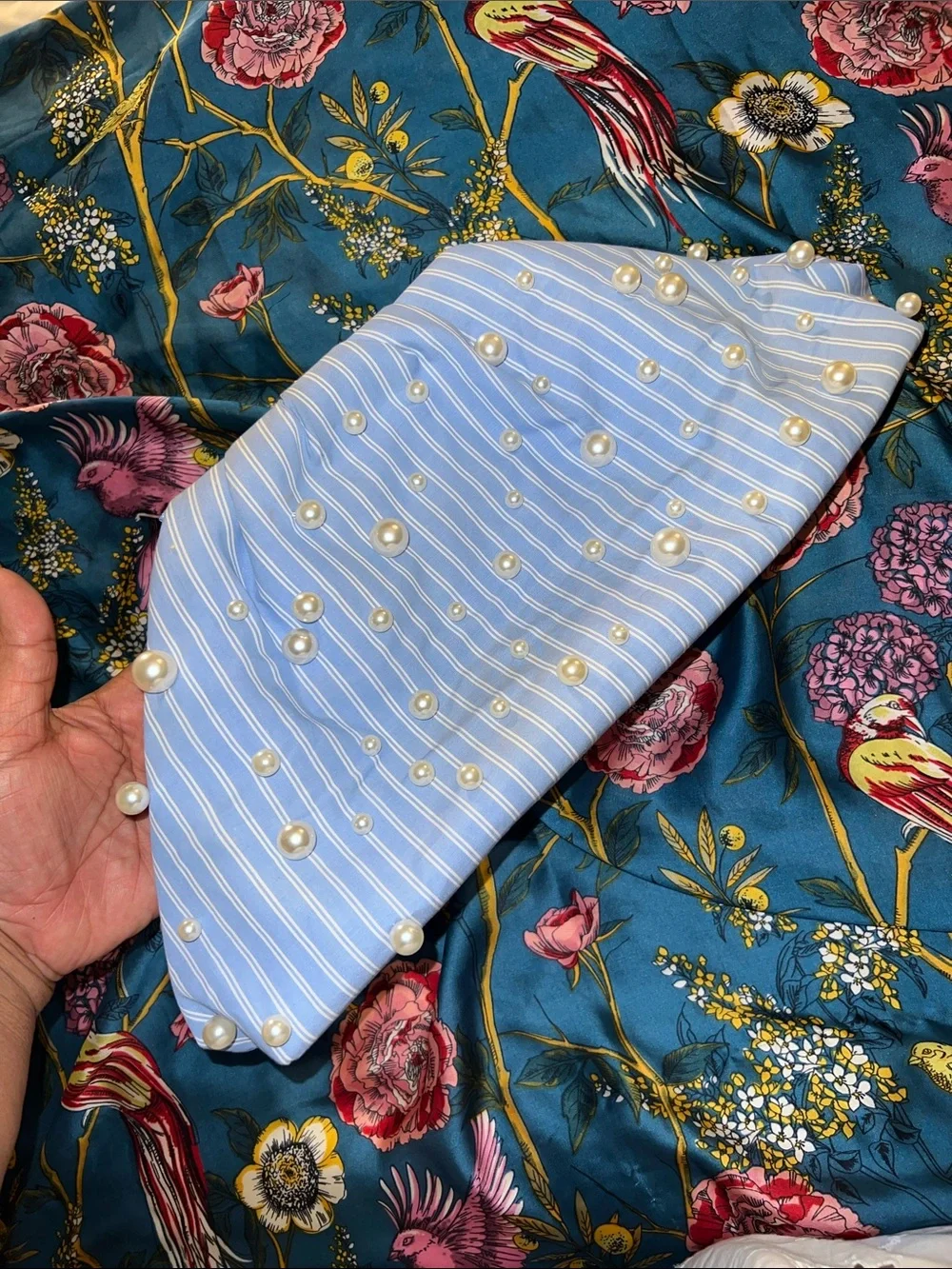 Maeve by Anthropologie Blue Pinstripe and Pearl Clutch
